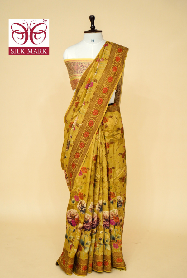 Pure Munga Silk Saree with Floral Print and Zari Border By Kalakari
