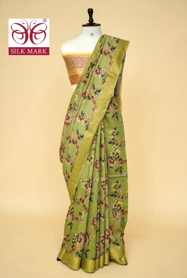 Pure Munga Silk Floral Print Saree with Zari Border By Kalakari