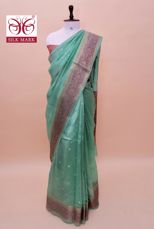 Lightweight Pure Mango Katan Silk Saree with Jamawar Pallu and Border