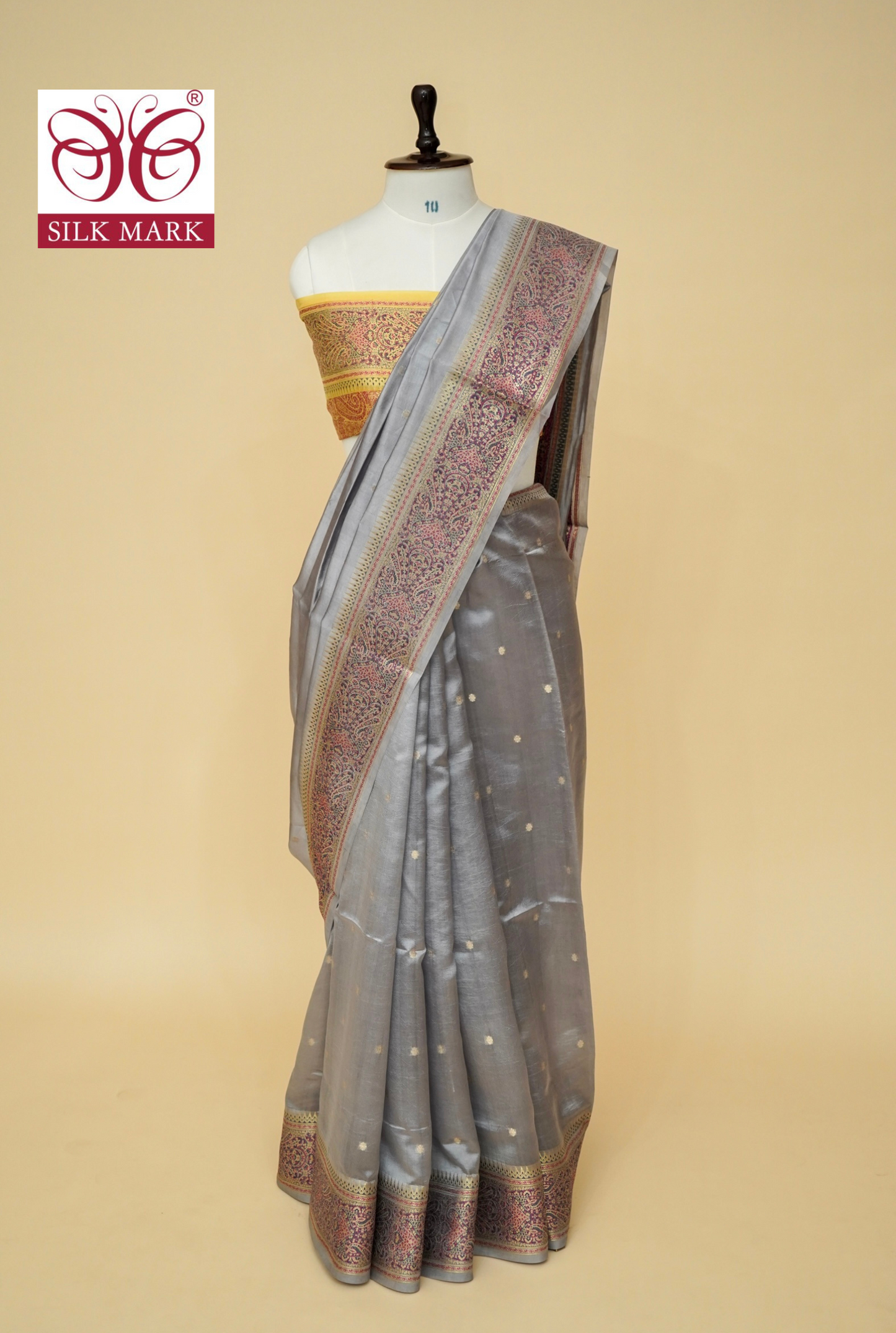 Lightweight Pure Mango Katan Silk Saree in Grey with Jamawar Pallu and Border