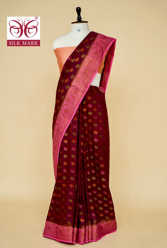 Pure Munga Silk Banarasi Saree with Contrast Border and Blouse Featuring Tilfi Minakari Buti in Antique Zari