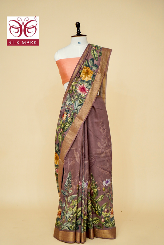 Pure Munga Silk Saree with Exclusive Floral Print and Zari Weaving Border