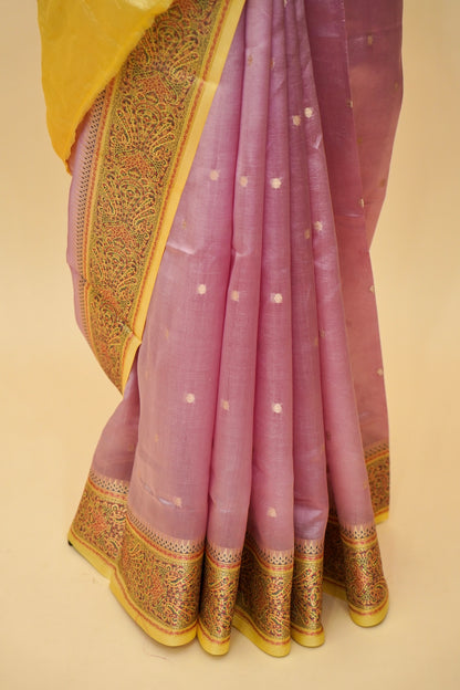 Lightweight Pure Mango Katan Silk Saree in Light Pink with Jamawar Pallu and Border