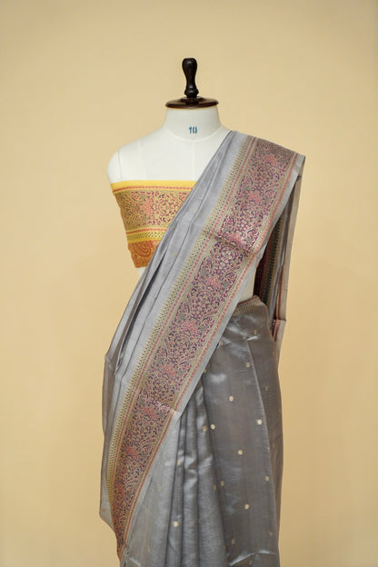 Lightweight Pure Mango Katan Silk Saree in Grey with Jamawar Pallu and Border