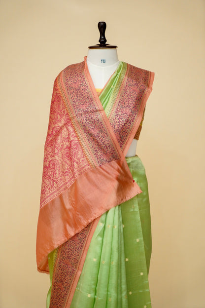 Lightweight Pure Mango Katan Silk Saree with Jamawar Pallu and Border