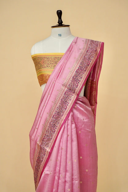 Lightweight Pure Mango Katan Silk Saree in Pink with Jamawar Pallu and Border