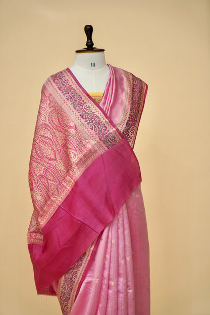 Lightweight Pure Mango Katan Silk Saree in Pink with Jamawar Pallu and Border