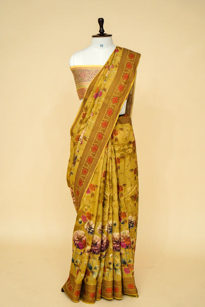 Pure Munga Silk Exclusive Floral Print With Zari Weaving Border Blouse Printed With Border