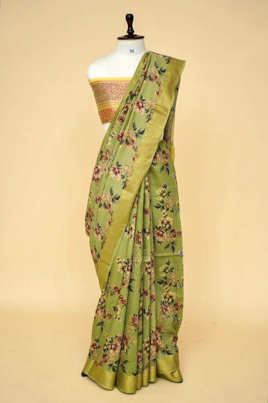 Pure Munga Silk Exclusive Floral Print With Zari Weaving Border Blouse Printed With Border