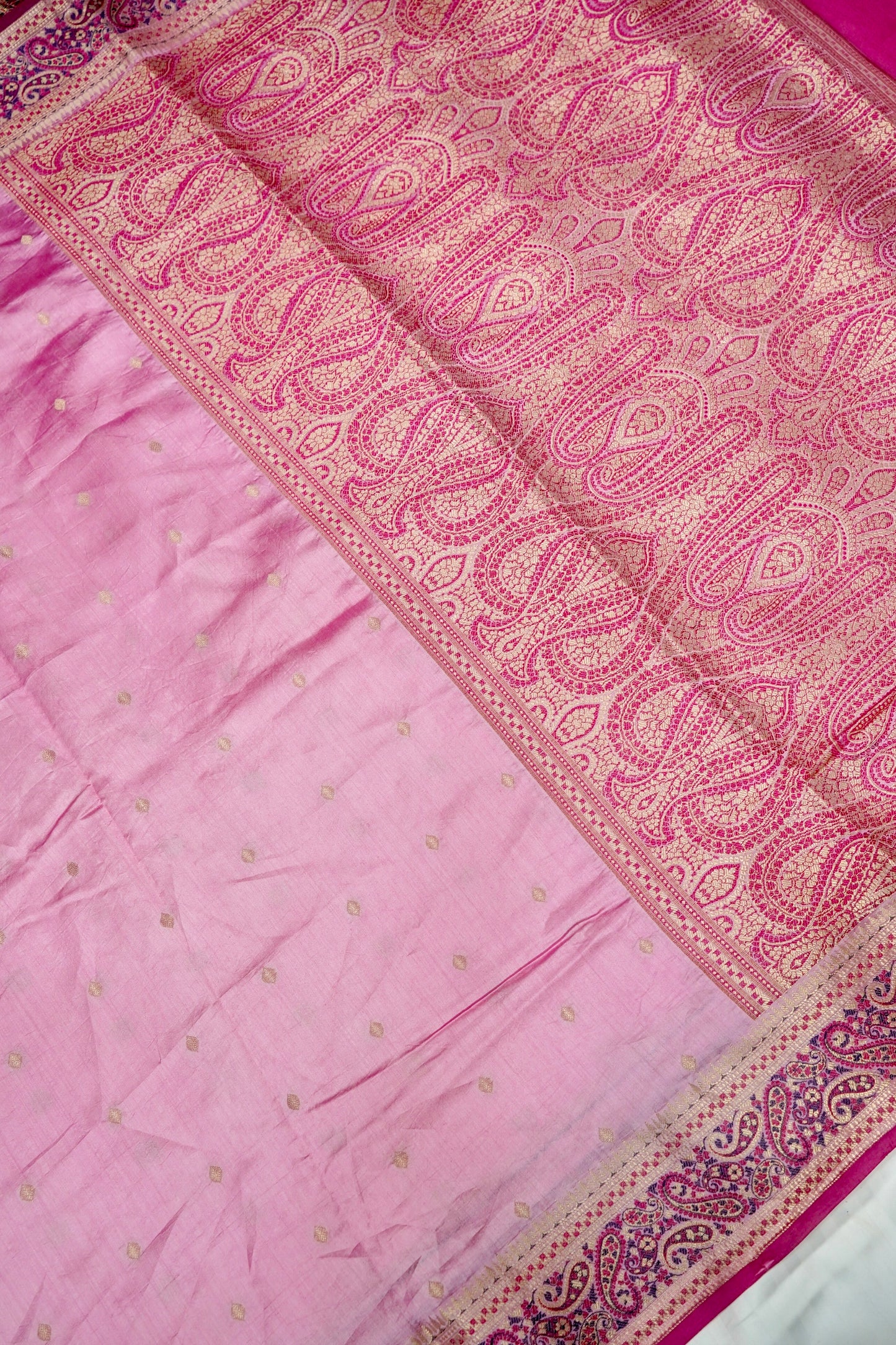 Lightweight Pure Mango Katan Silk Saree in Pink with Jamawar Pallu and Border