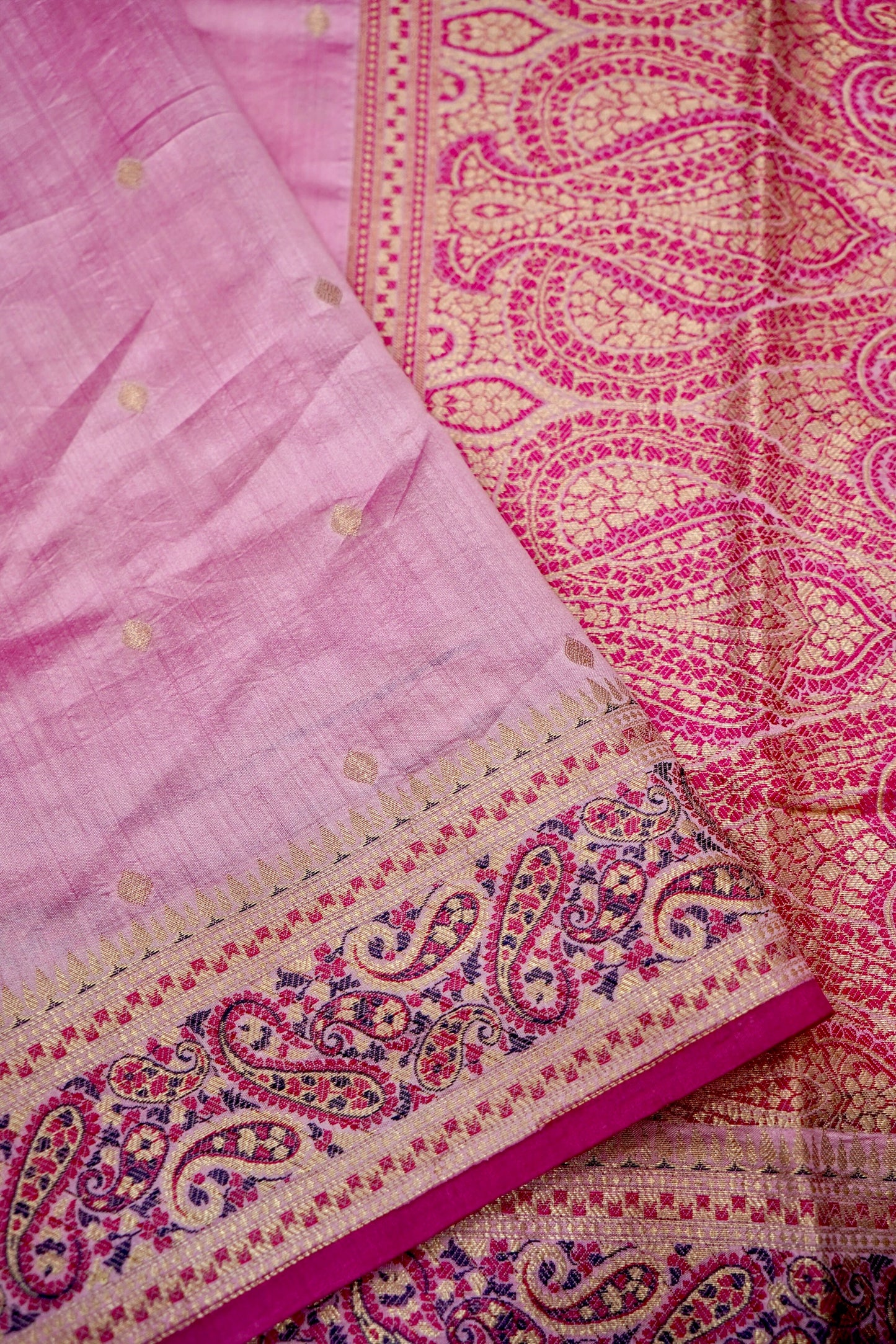 Lightweight Pure Mango Katan Silk Saree in Pink with Jamawar Pallu and Border