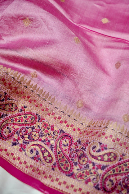 Lightweight Pure Mango Katan Silk Saree in Pink with Jamawar Pallu and Border