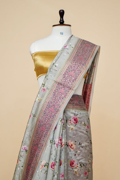 Pure Mango Katan Silk Banarasi Saree with Floral Prints