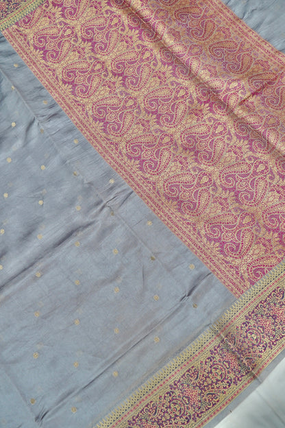 Lightweight Pure Mango Katan Silk Saree in Grey with Jamawar Pallu and Border