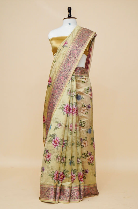Pure Mango Katan Silk Banarasi Saree with Floral Prints