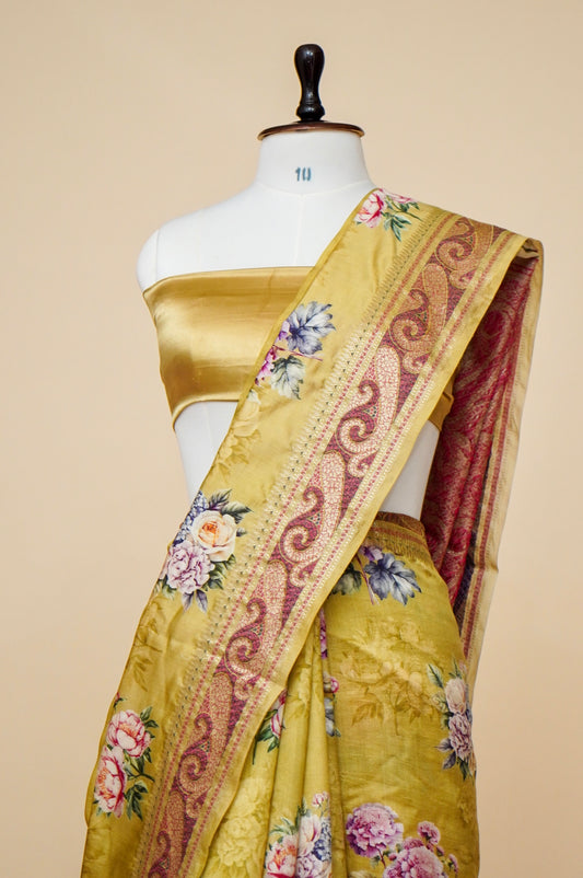 Pure Mango Katan Silk Banarasi Saree with Floral Prints