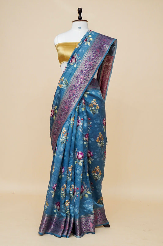 Pure Mango Katan Silk Banarasi Saree with Floral Prints