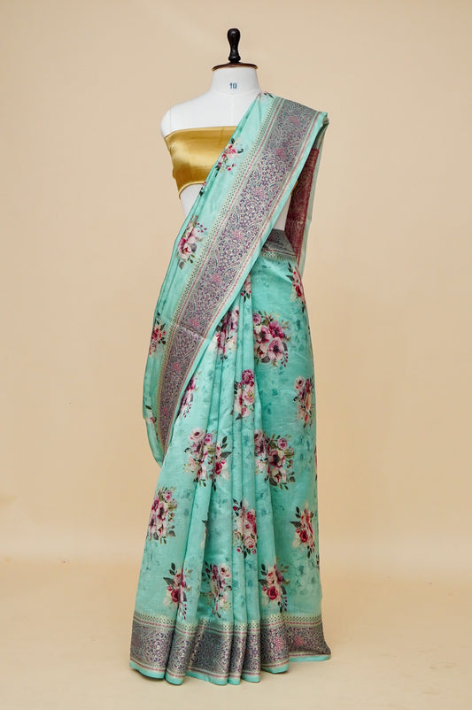 Pure Mango Katan Silk Banarasi Saree with Floral Prints