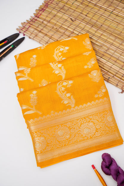 Pure Yellow Chinya Katan Silk Saree with Jaal Weaving By Kalakari