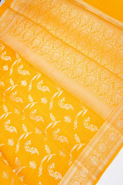 Pure Yellow Chinya Katan Silk Saree with Jaal Weaving