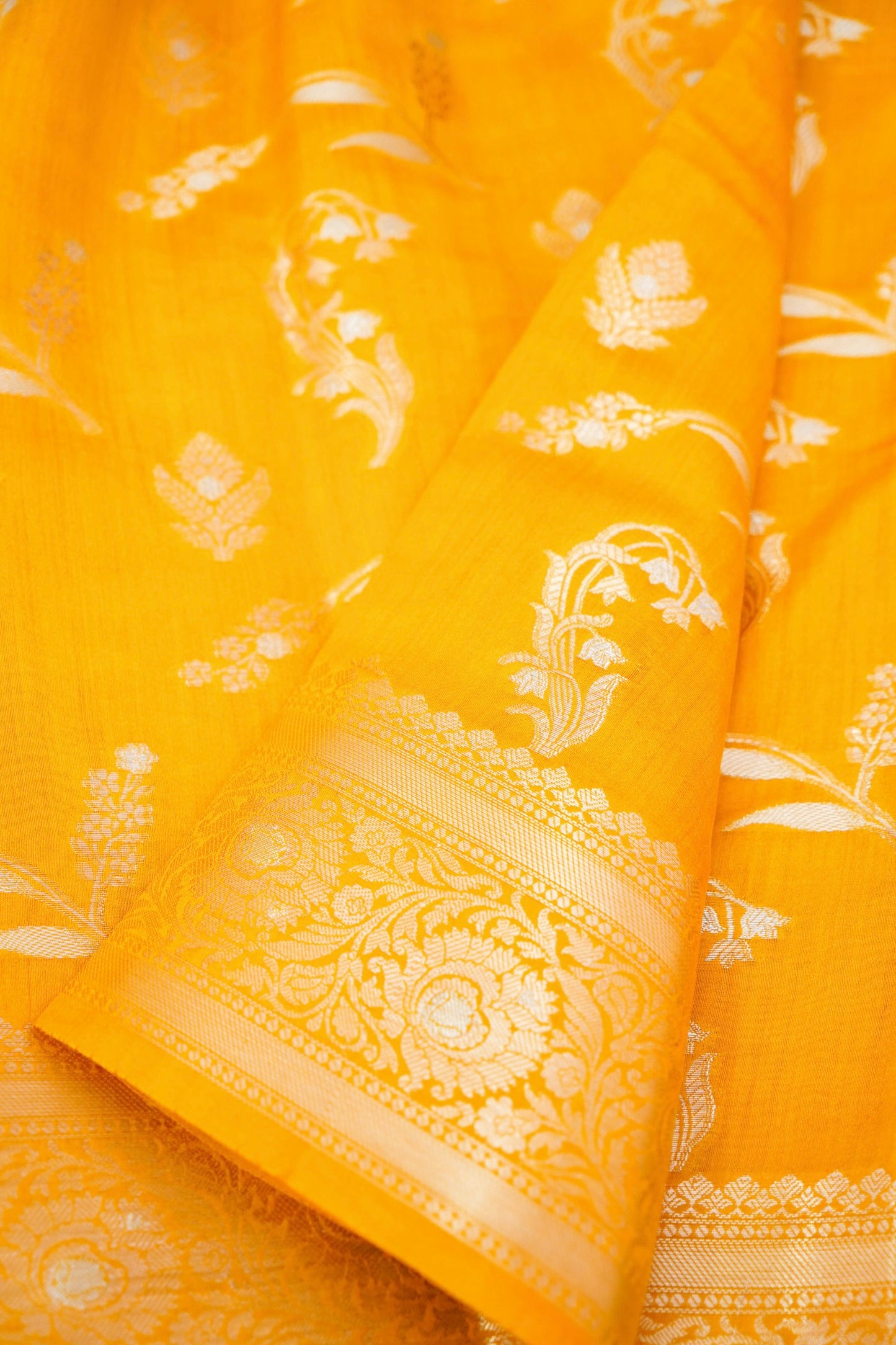 Pure Yellow Chinya Katan Silk Saree with Jaal Weaving