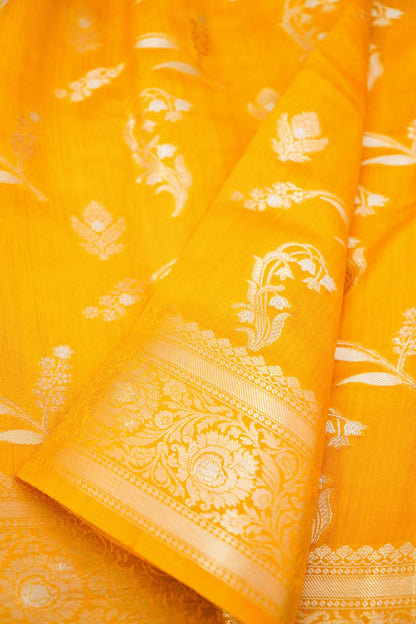 Pure Yellow Chinya Katan Silk Saree with Jaal Weaving