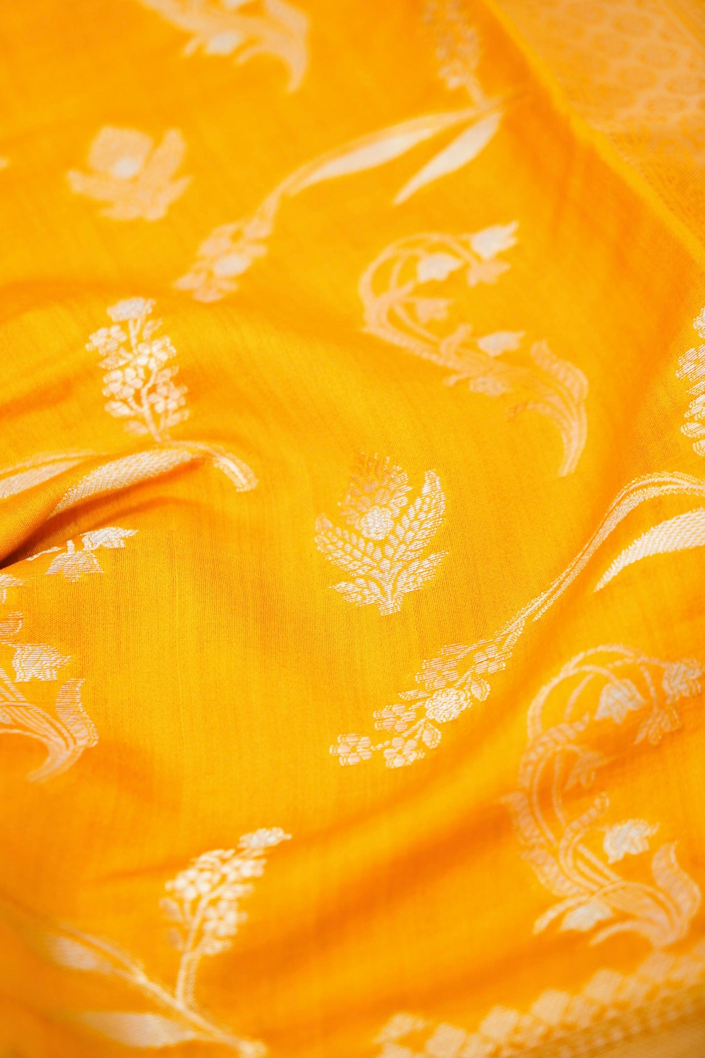 Pure Yellow Chinya Katan Silk Saree with Jaal Weaving