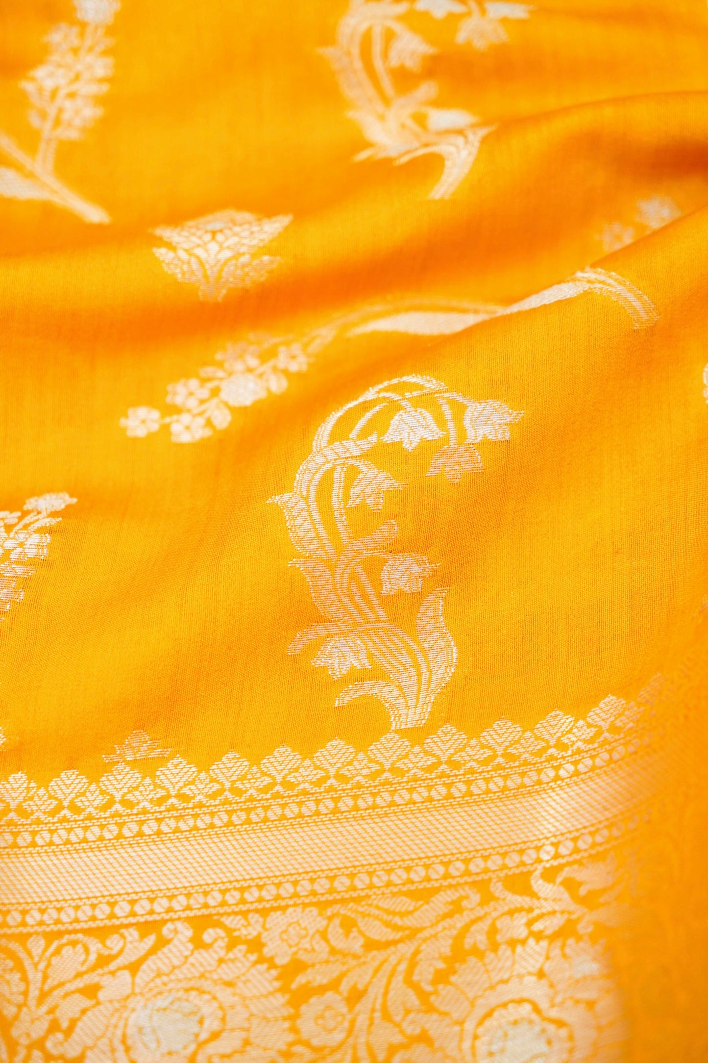 Pure Yellow Chinya Katan Silk Saree with Jaal Weaving