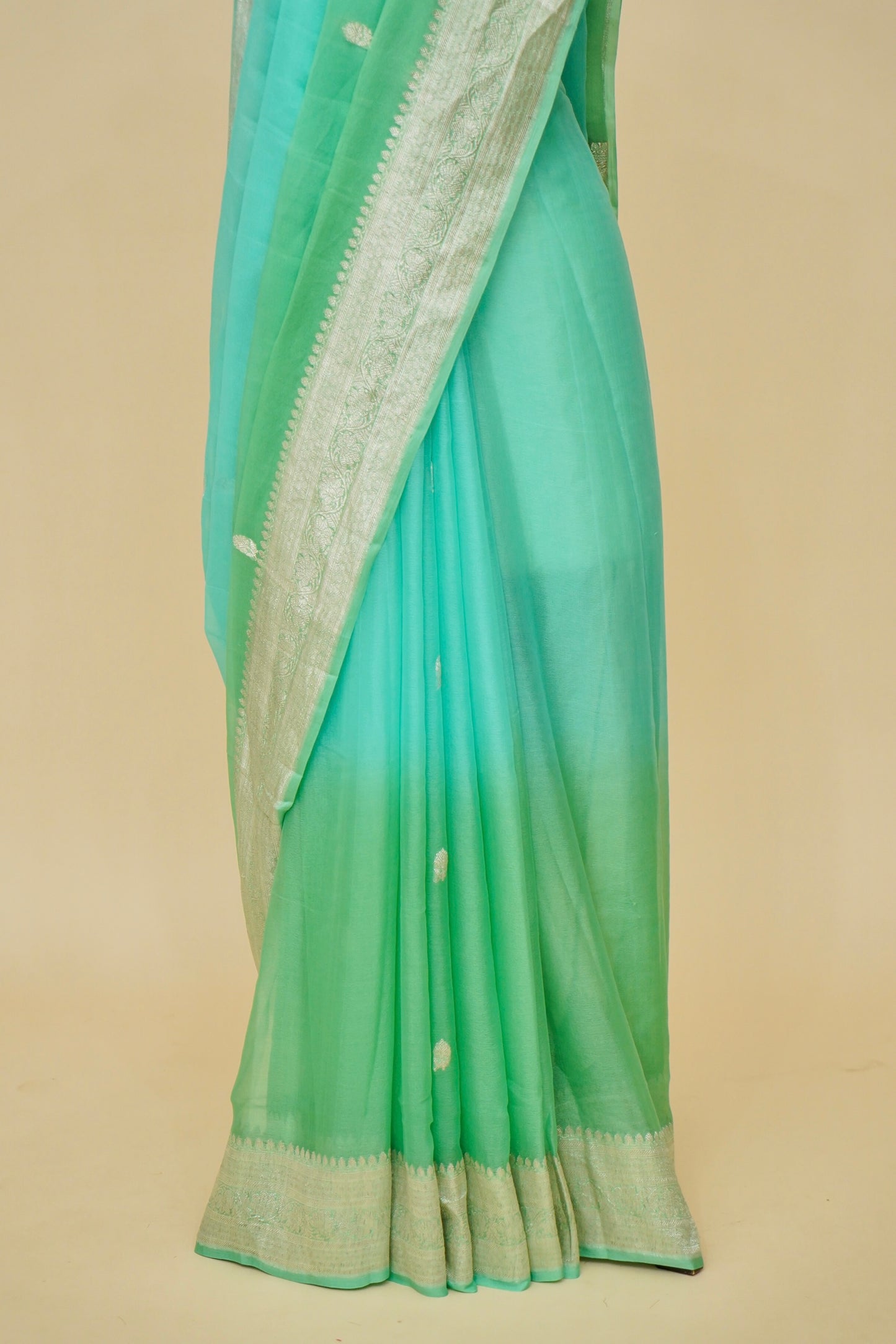 Pure Banarasi Dual-Color Khaddi Georgette Saree with Allover Kadhua Buta Work