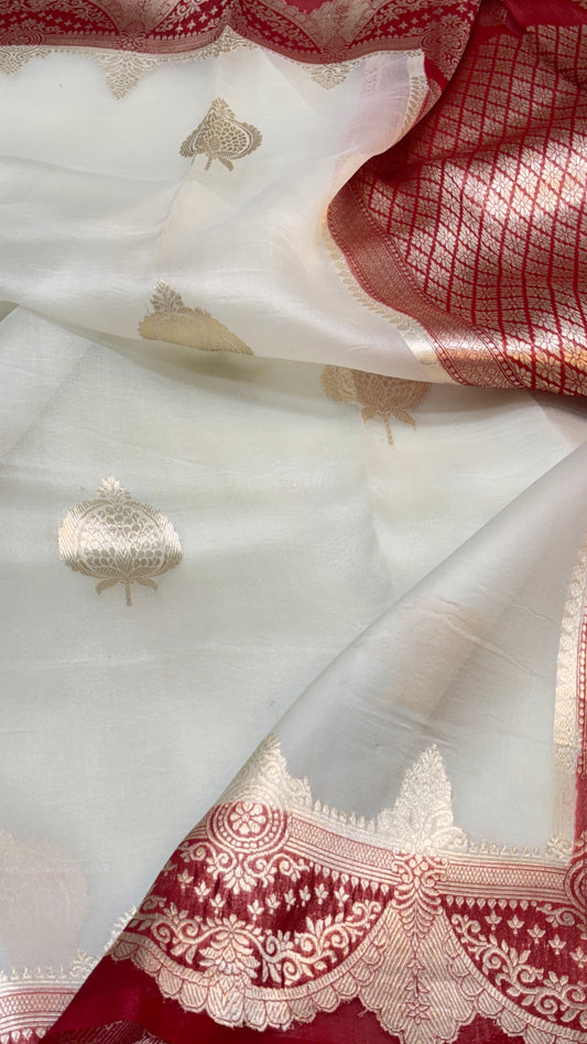 White Raw Mango Silk Saree with Red Border