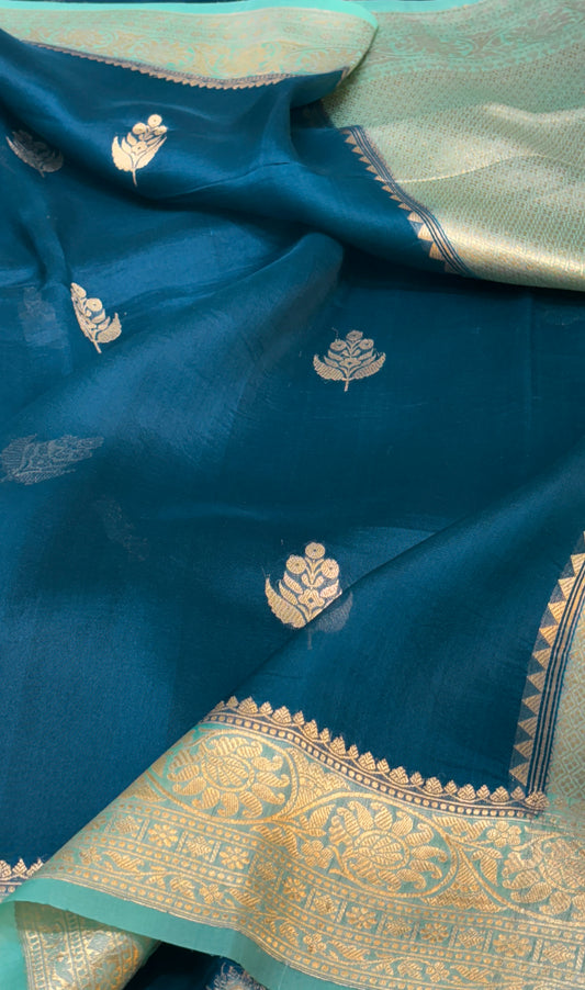 Peacock Blue Raw Mango Silk Saree