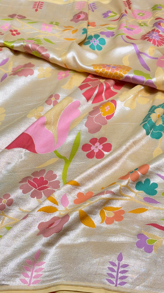Pistal Yellow Banarasi Tusser Georgette Saree