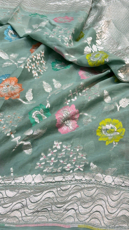 Sage Green Banarsi Chiffon Georgette Saree
