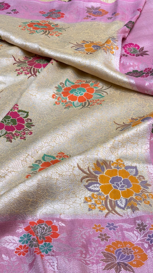 Pistal Pink Banarasi Tusser Georgette Saree