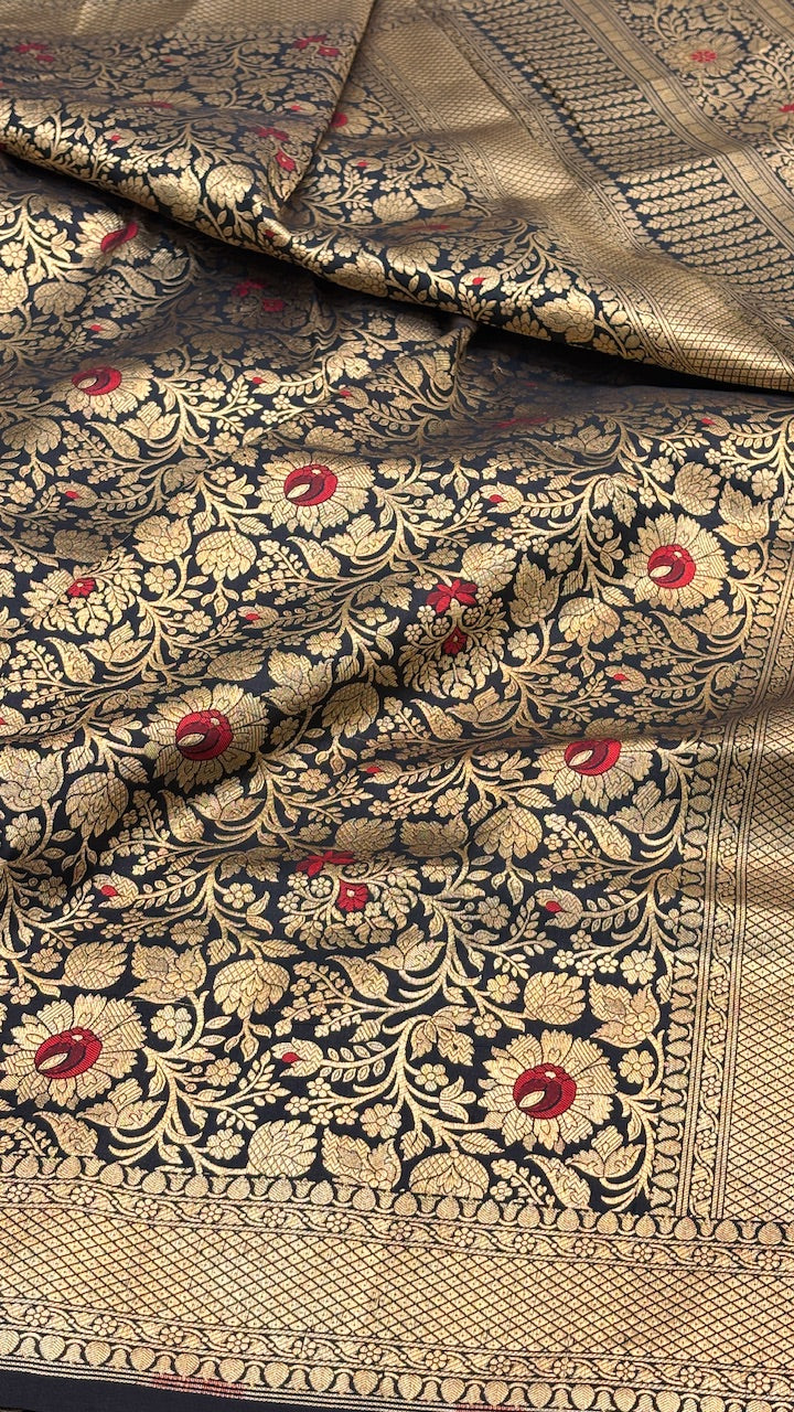 Golden Black Banarasi Brocade Silk Saree