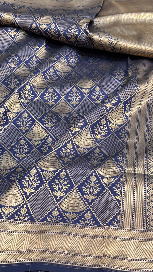 Navy Blue Banarasi Brocade Silk Saree with Golden Zari