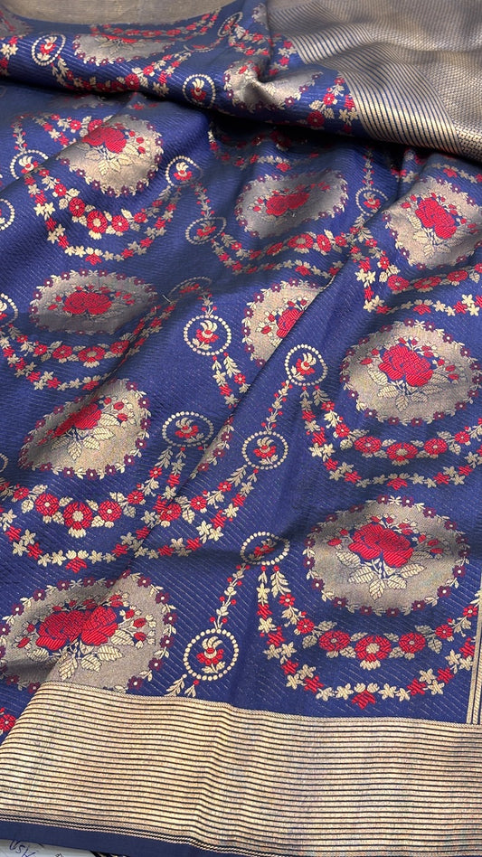 Dark Blue Banarasi Brocade Silk Saree