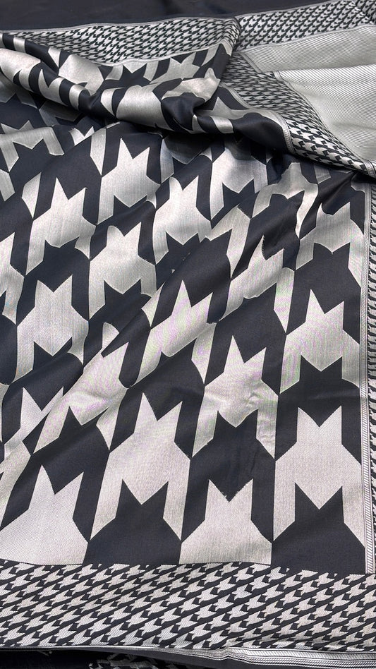 Black and White Banarasi Brocade Silk Saree
