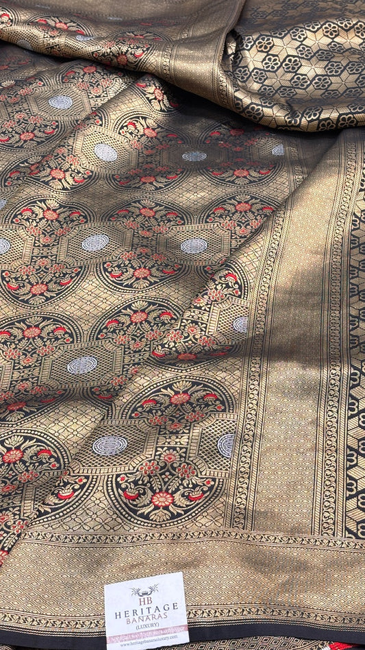 Black Banarasi Brocade Silk Saree with Golden Zari
