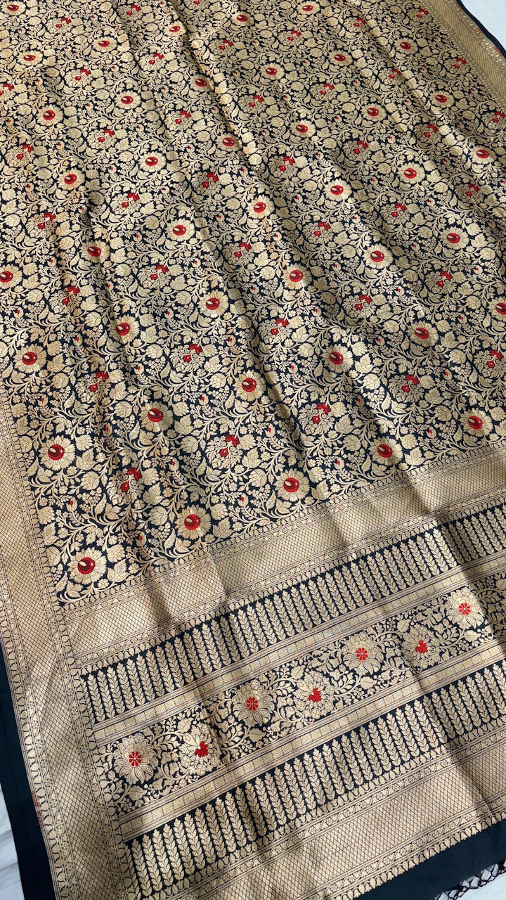 Golden Black Banarasi Brocade Silk Saree