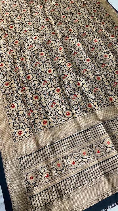 Golden Black Banarasi Brocade Silk Saree