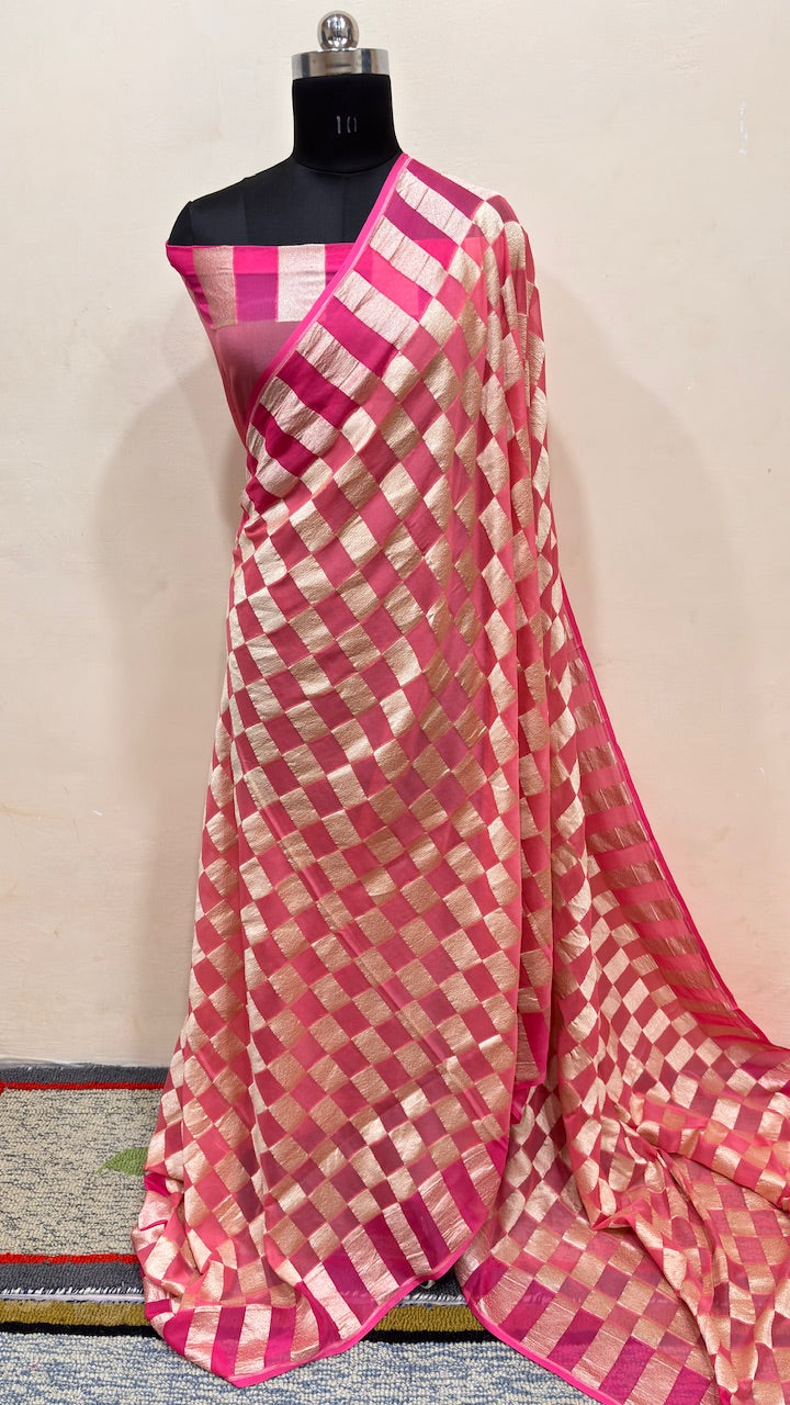 Red and White Banarasi Chiffon Georgette Saree
