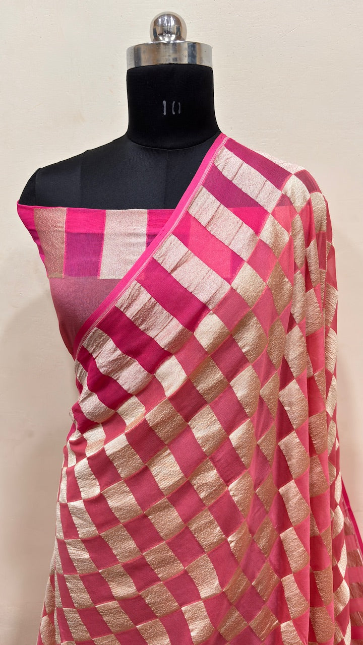 Red and White Banarasi Chiffon Georgette Saree