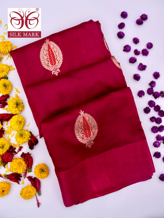 Pure Maroon Banarasi Mango Katan Silk Saree with Kadhwa Buti By Kalakari