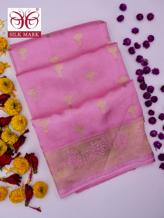 Pure Pink Banarasi R Mango Katan Silk Saree with Kadhwa Buti Work By Kalakari