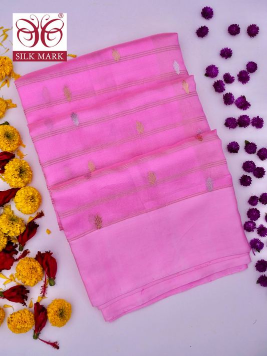 Pure Pink Banarasi Mango Katan Silk Saree with Kadhwa Buti Work By Kalakari