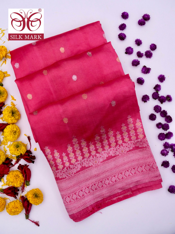 Pure Pink Banarasi Mango Katan Silk Saree With Kadhwa Buti Work By Kalakari