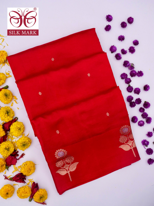 Pure Red Banarasi Mango Katan Silk Saree Kadhwa Buti Work By Kalakari