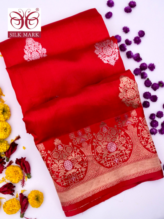 Pure Red Banarasi R Mango Katan Silk Saree | Kadhwa Buti Work By Kalakari B