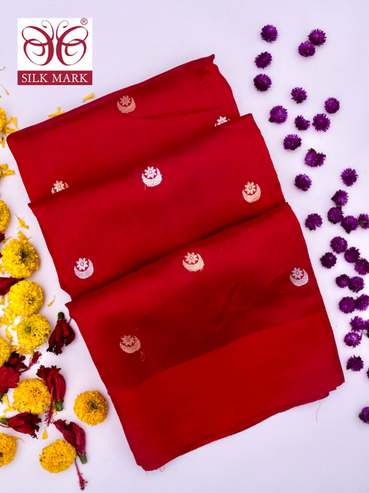 Pure Red Banarasi Katan Silk Saree with Kadhwa Buti Work By Kalakar By Kalakari